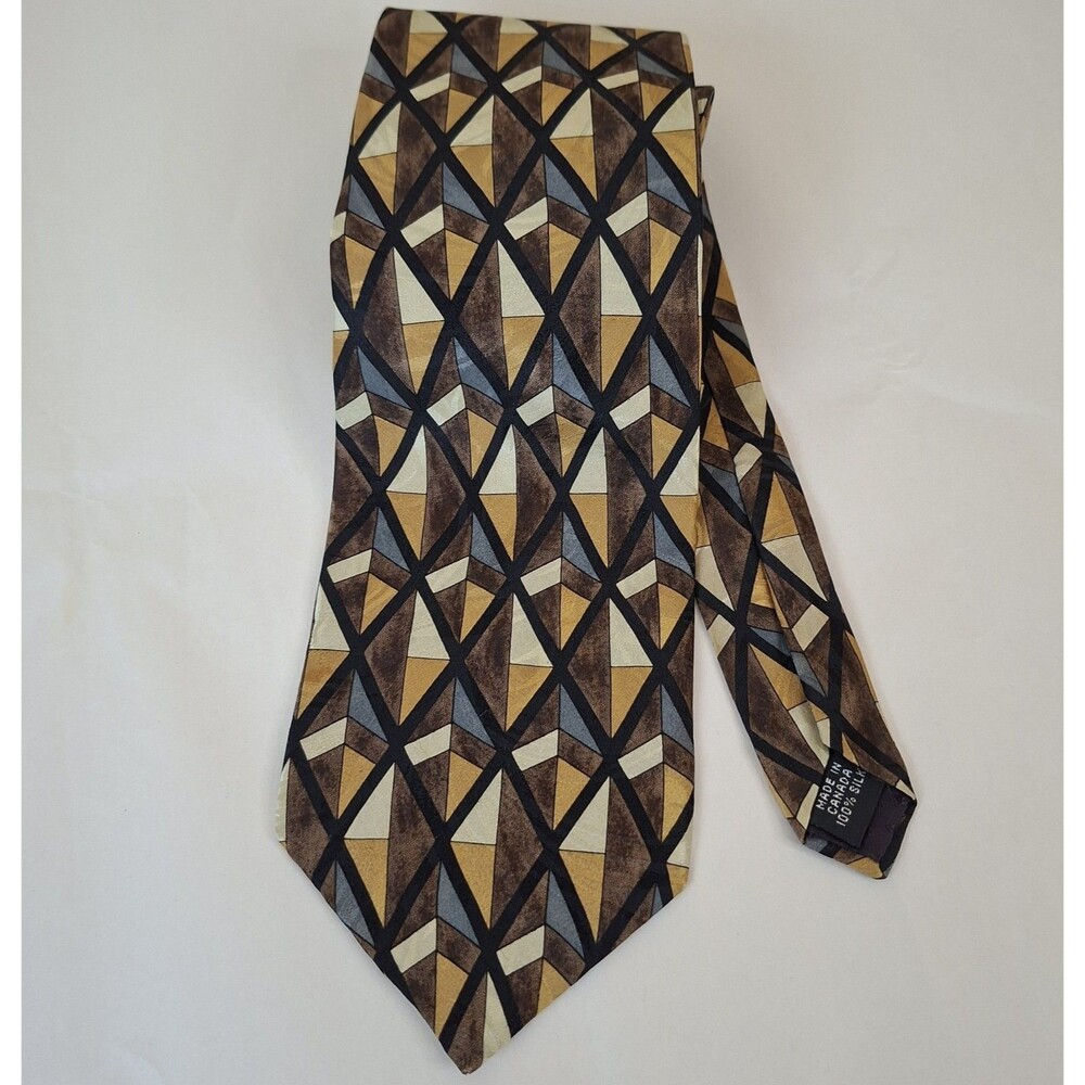 Louis Roth Necktie Geometric Pattern, 100% Silk, Men's Brown, Blue,  Gold Tie